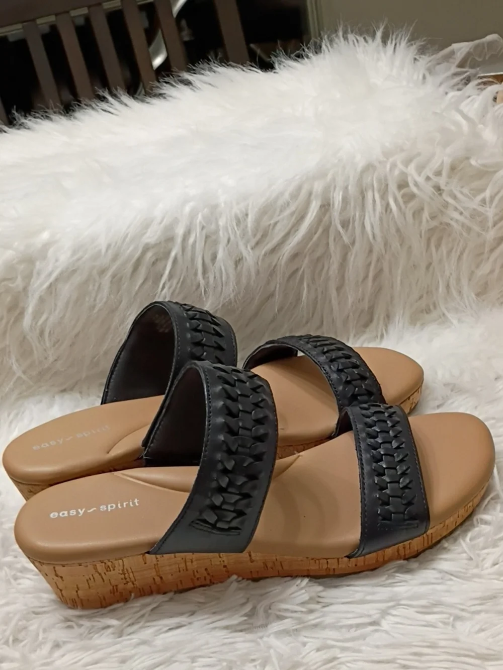 Easy Spirit Lillia Black Braided Faux Leather Double-Strap Cork Wedge Sandal 9.5